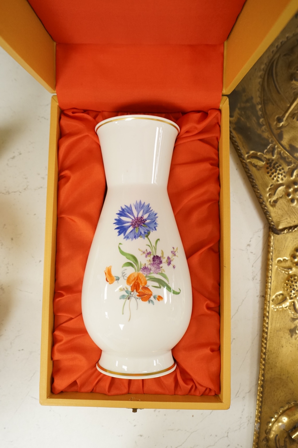 A pair of Bonn floral vases and covers, a modern Meissen vase, and an encrusted Sitzendorf vase, largest 35cm high